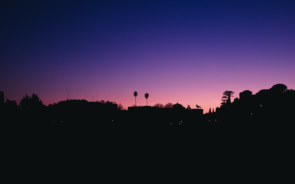 a silhouette of a city at night with a purple sky