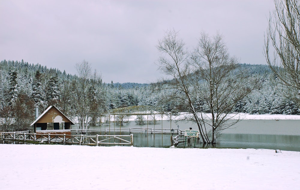 a snow covered field next to a body of water