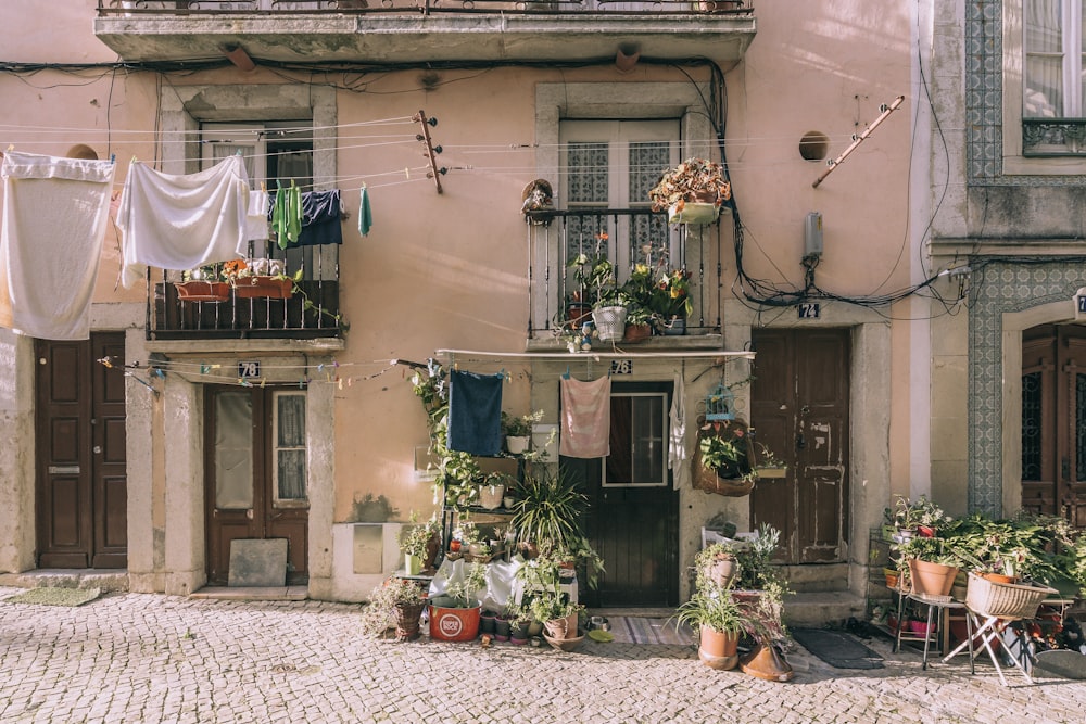 un bâtiment avec un tas de plantes à l’extérieur