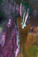 An abstract painting with flowing, organic shapes in a mix of purples, greens, and browns. The textures appear layered and blend into one another, creating a sense of depth and movement.