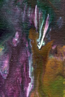 An abstract oil painting with flowing shapes and muted browns and ochres.