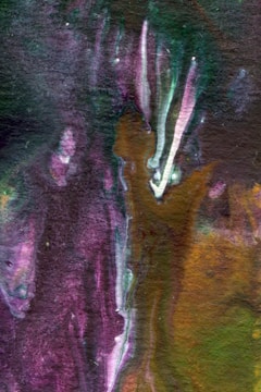 An abstract painting with flowing, organic shapes in a mix of purples, greens, and browns. The textures appear layered and blend into one another, creating a sense of depth and movement.