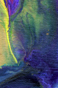 Close-up of a vibrant abstract painting with swirling purple and gold hues.