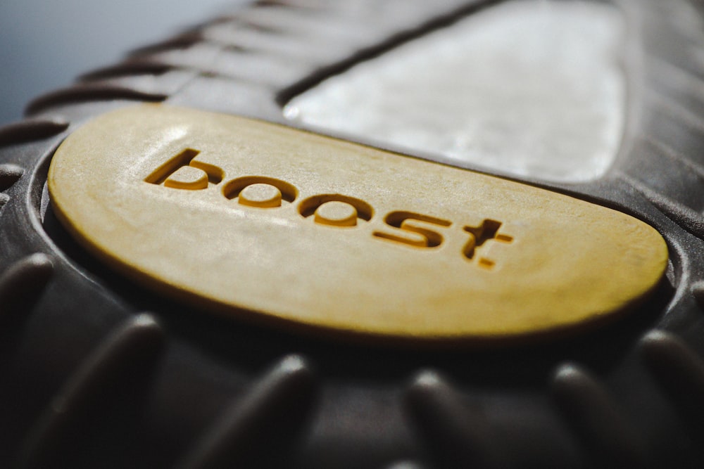 a close up of a shoe with the word boost on it