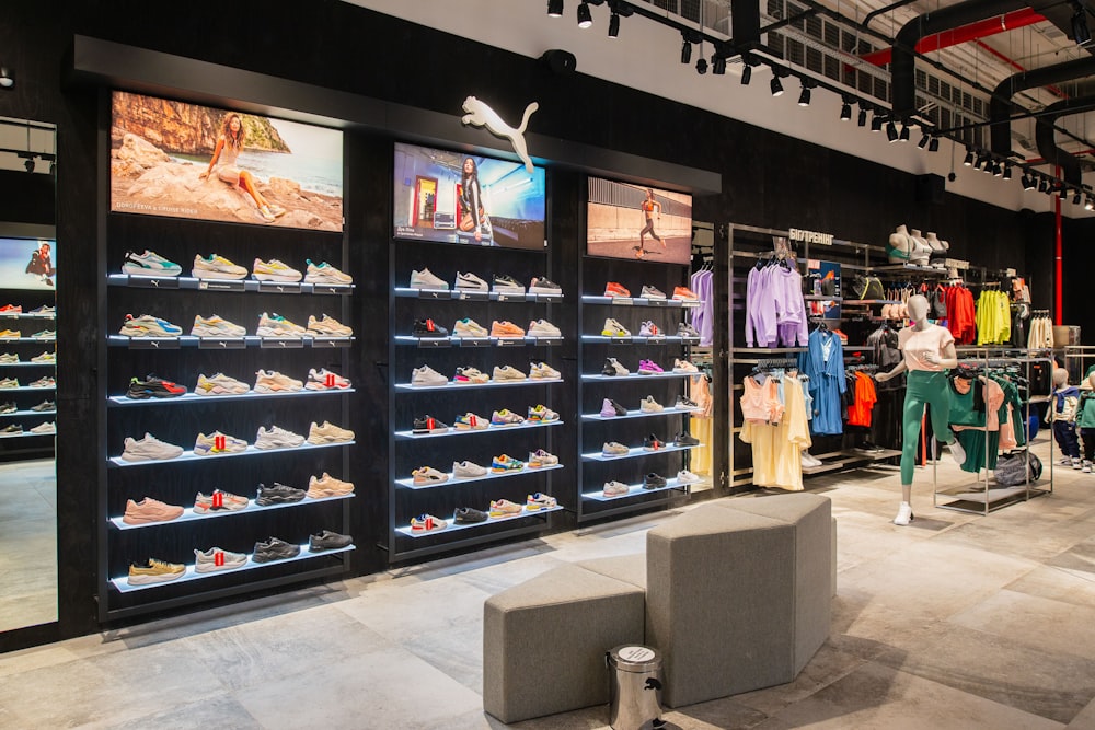 a display of shoes in a shoe store