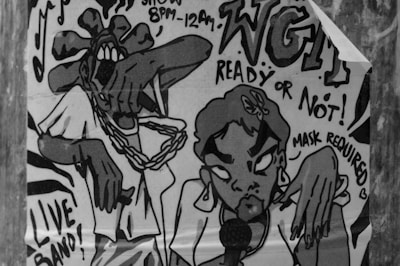 A black and white poster featuring cartoon-style characters. One character is performing with a microphone, while another has a wild hairstyle and oversized accessories. Text on the poster advertises a live band and mentions a show from 8 PM to 12 AM. The phrase 'Ready or Not!' and 'Mask Required' are prominent, along with large stylized letters 'WGI'.