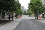 an empty street with trees on both sides