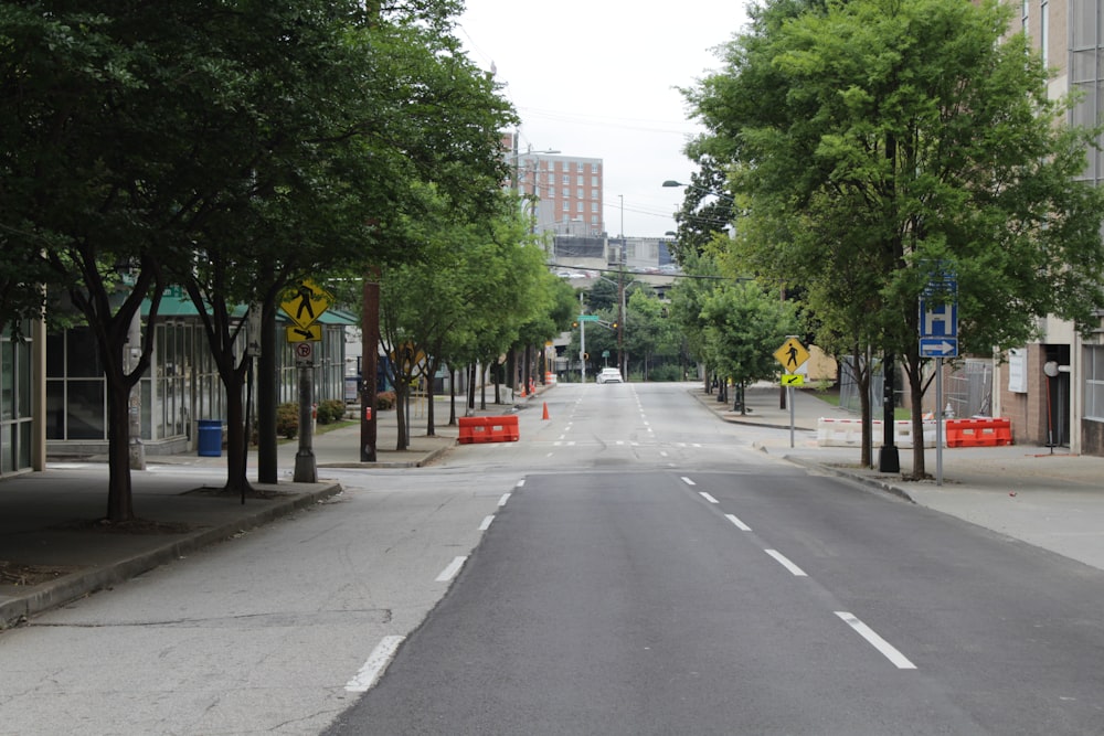 an empty street with trees on both sides
