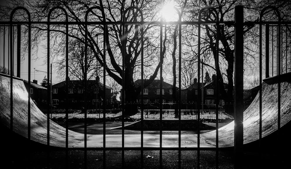 a black and white photo of a skate park