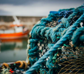 Close-up of a traditional fishing net drying on a rustic boat, with gentle waves in the background.
