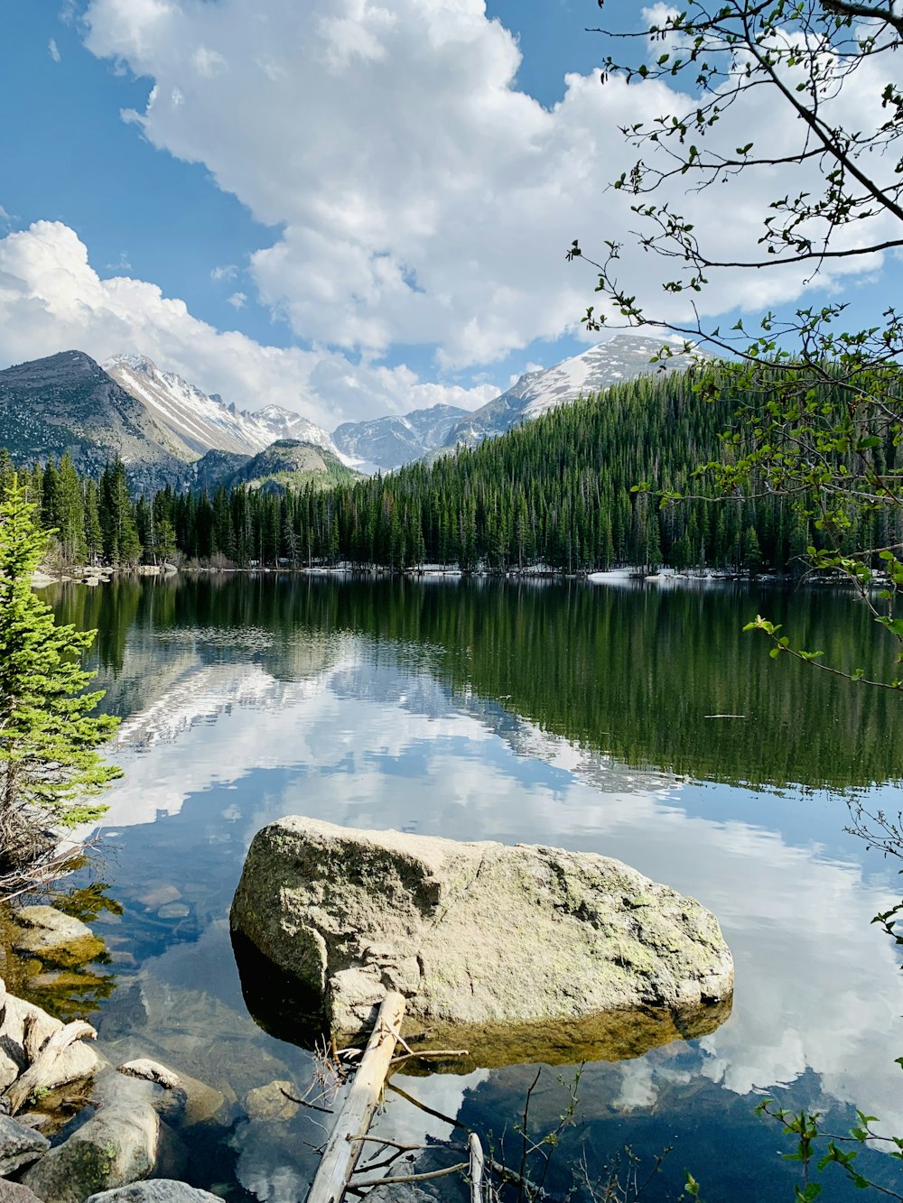 a large rock sitting on top of a lake next to a forest