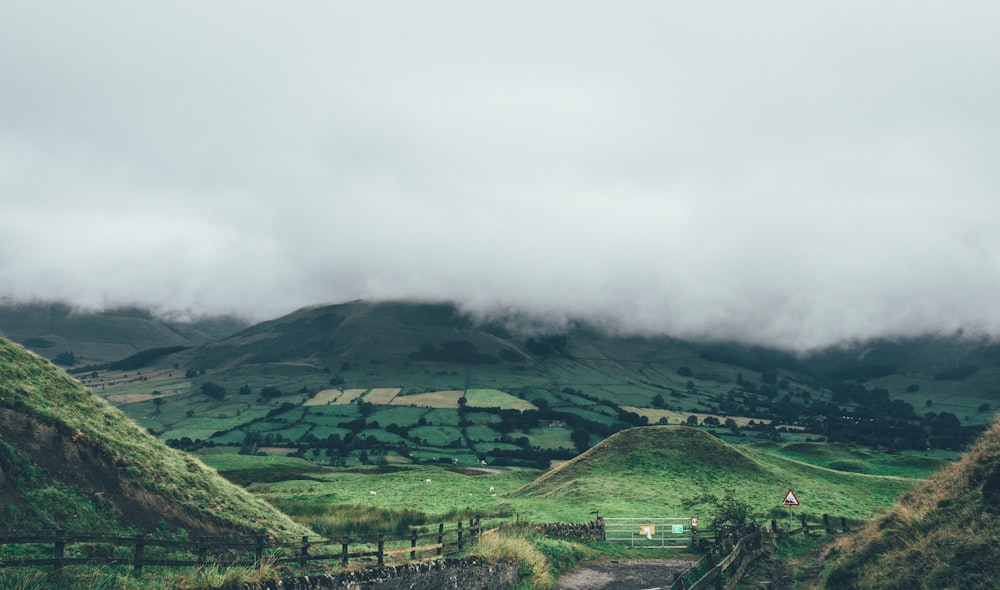 a lush green hillside covered in fog and clouds