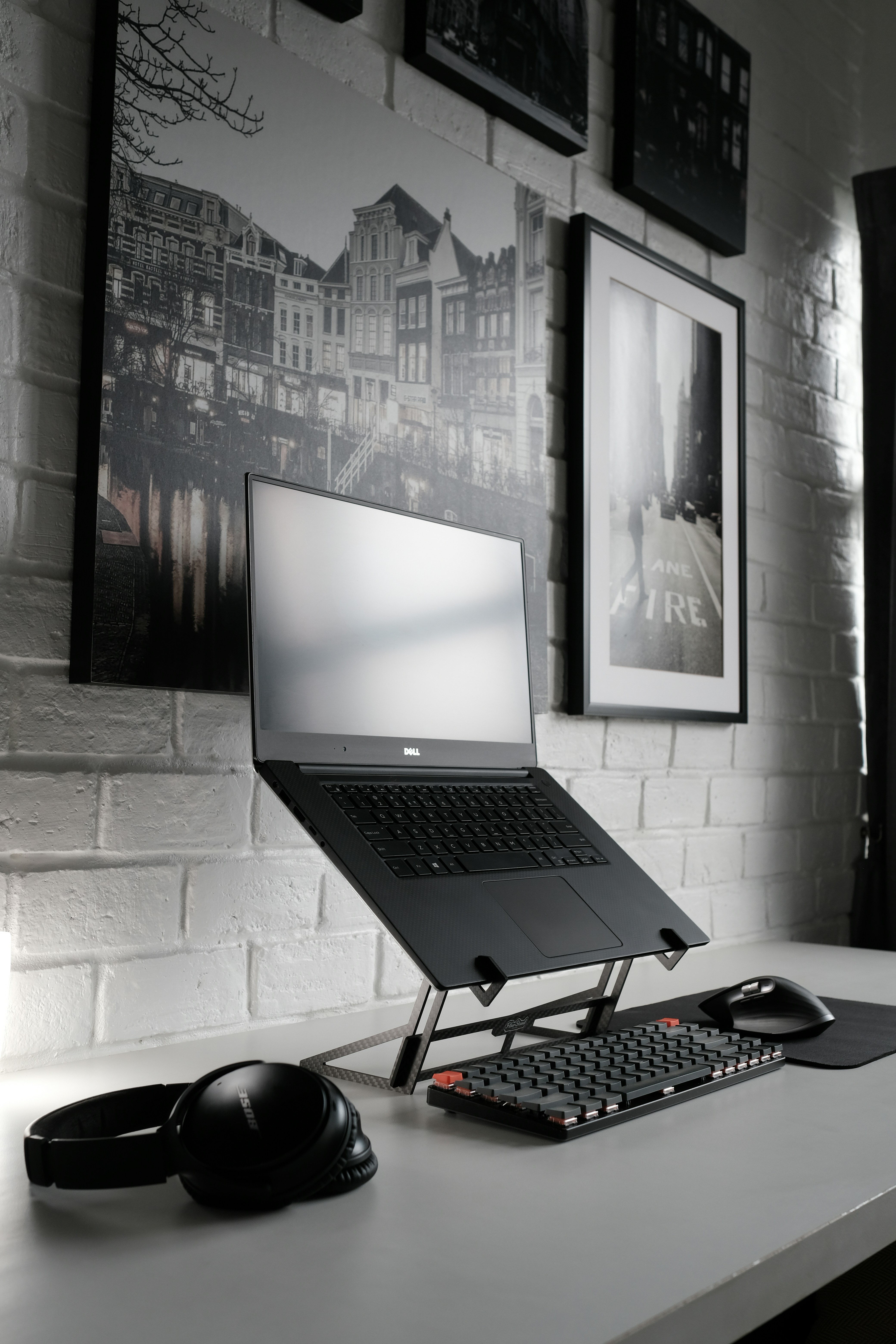 black laptop computer on table