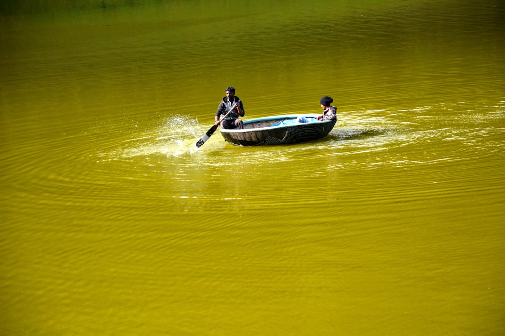 two people in a small boat on a body of water