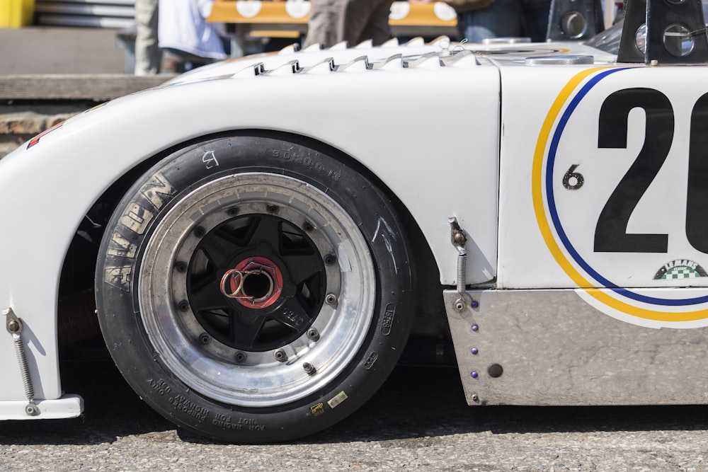 a close up of the front wheels of a race car