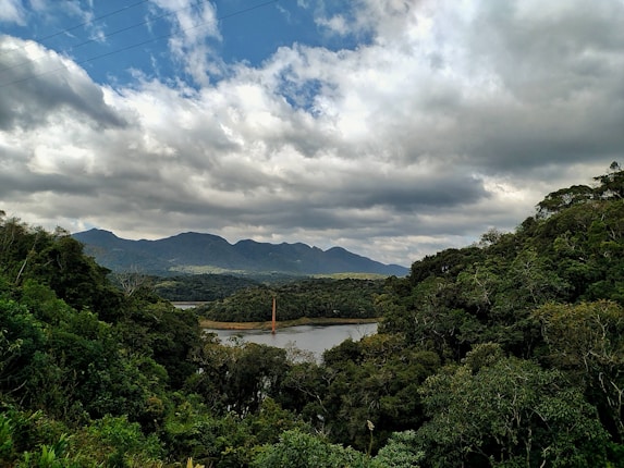 A lush green landscape with dense forested hills surrounding a calm lake. Distant mountains rise under a partly cloudy sky, providing a backdrop to the tranquil scene. The area is rich with vibrant foliage and a natural, untouched appearance.