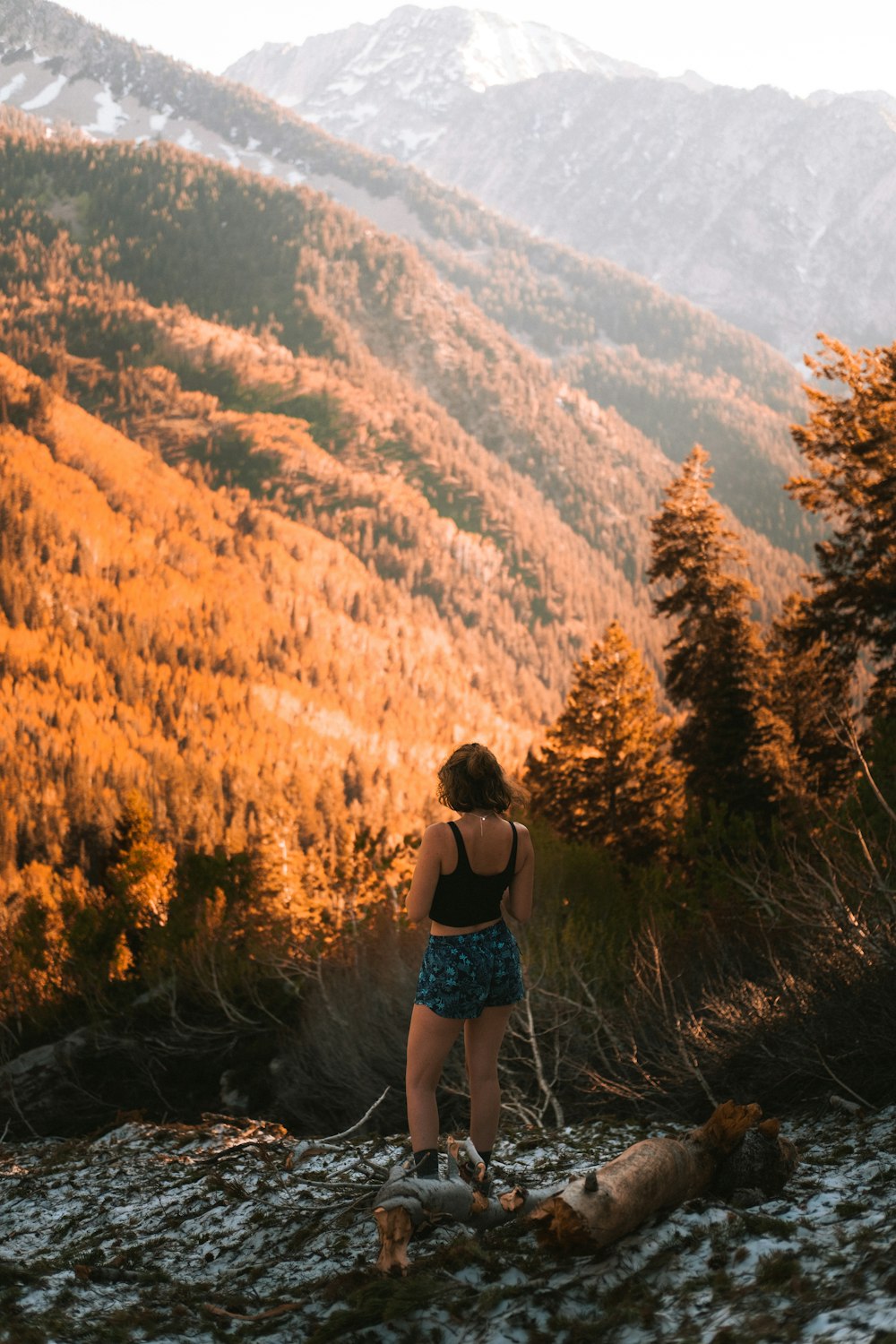 a woman standing on top of a mountain next to a forest