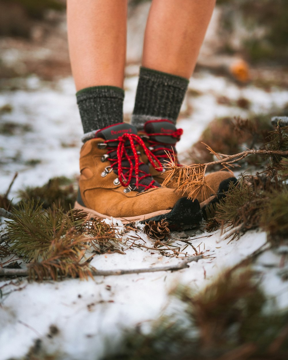 a close up of a person's shoes in the snow