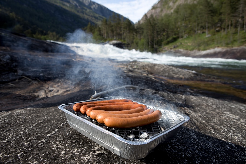 hot dogs on a grill on a rock near a river