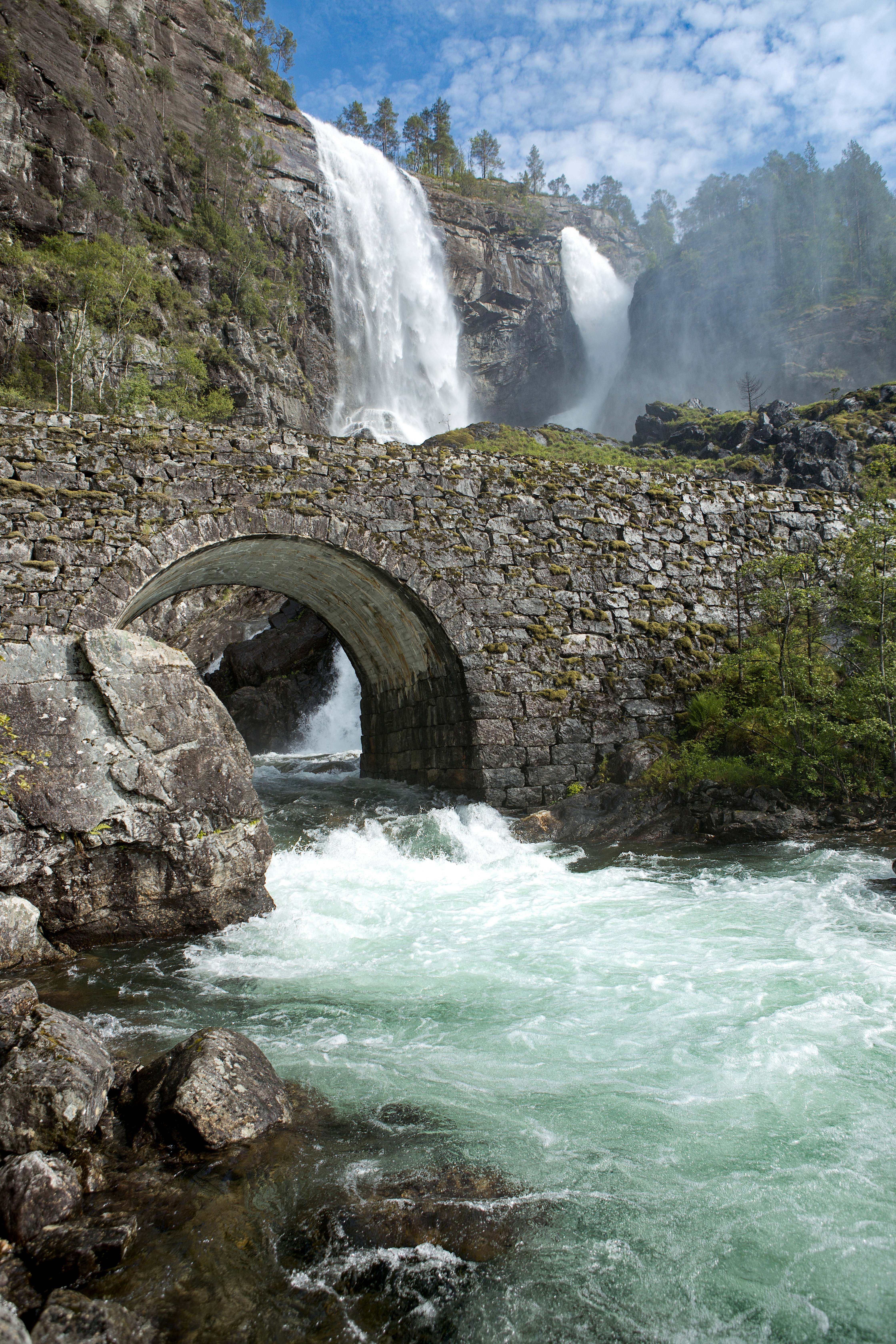 A bridge over a river with a waterfall in the background photo – Free ...