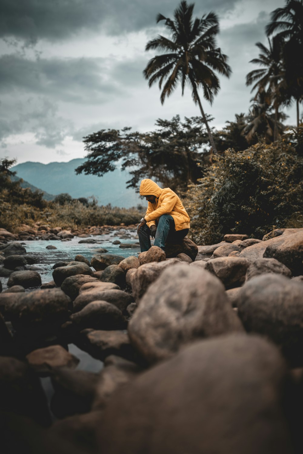 a person sitting on a rock near a river