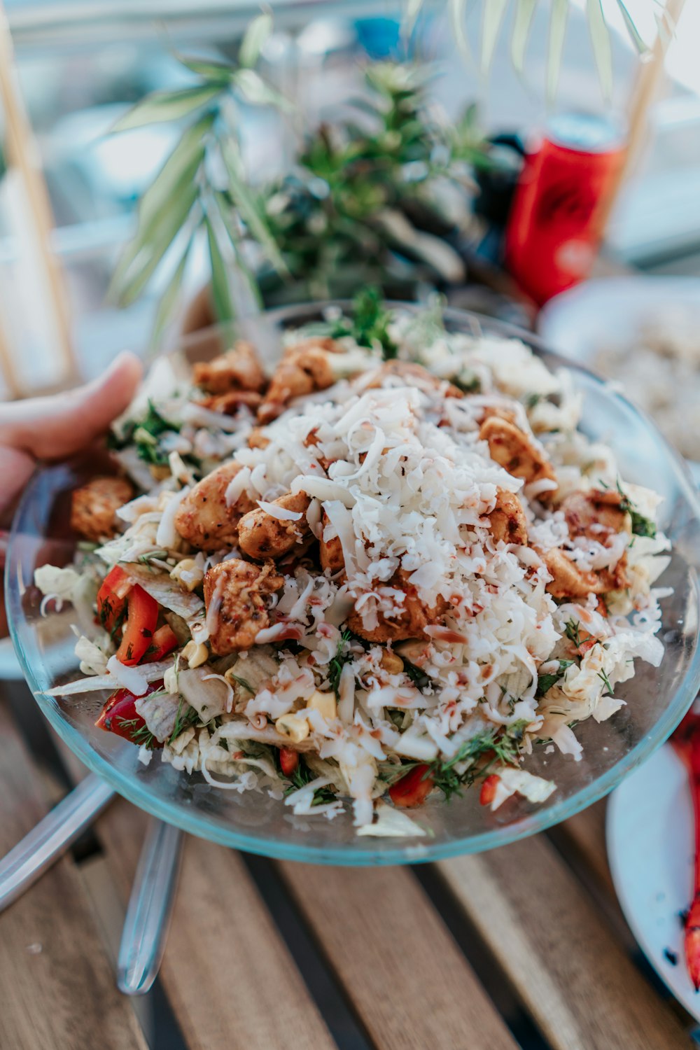 a person holding a bowl of food on a table