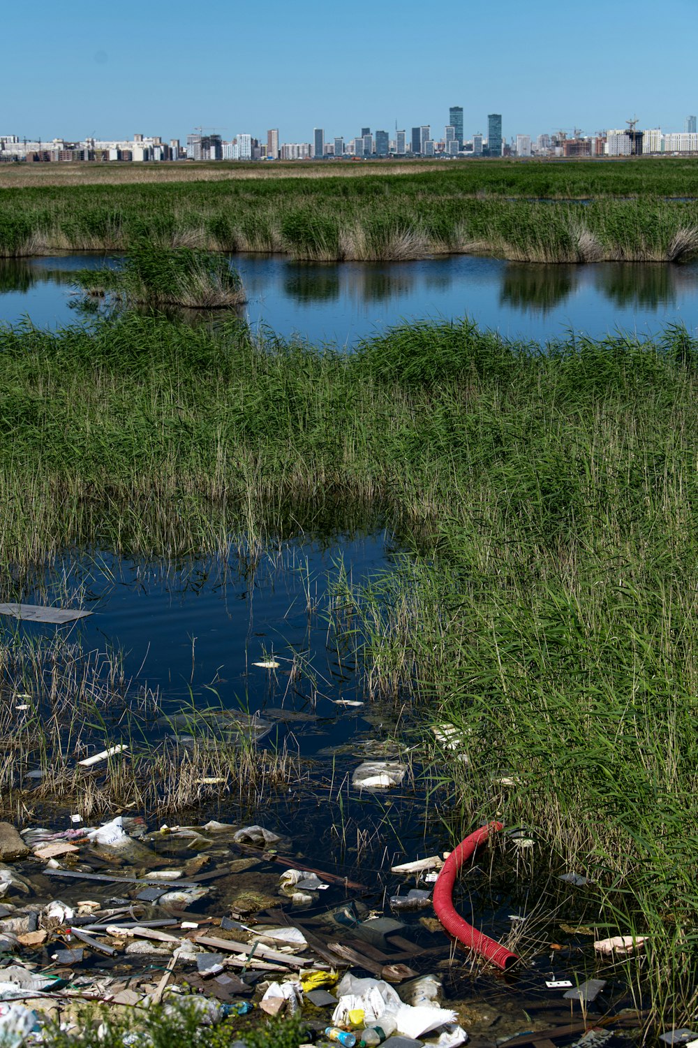 a river filled with lots of trash next to a lush green field