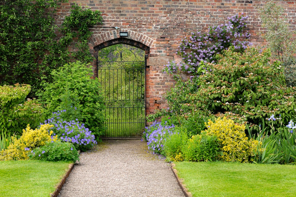 a garden with a brick wall and a gate