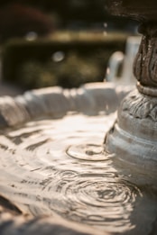 A smooth, stone fountain with intricate carvings features gently rippling water at the base, reflecting soft light. The background is blurred, focusing attention on the elegant details of the fountain.