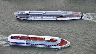 Two modern passenger boats are cruising on a body of water. Both boats have sleek designs with open viewing decks and have a white and blue color scheme. The vessels are moving parallel to each other, and there are visible ripples in the water created by their motion.