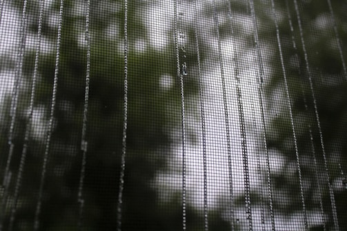 A close-up of a mesh screen with raindrops creating patterns on its surface, with blurred greenery in the background.