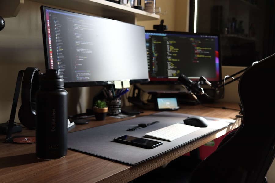 Clean dual-monitor developer workstation with code on screen