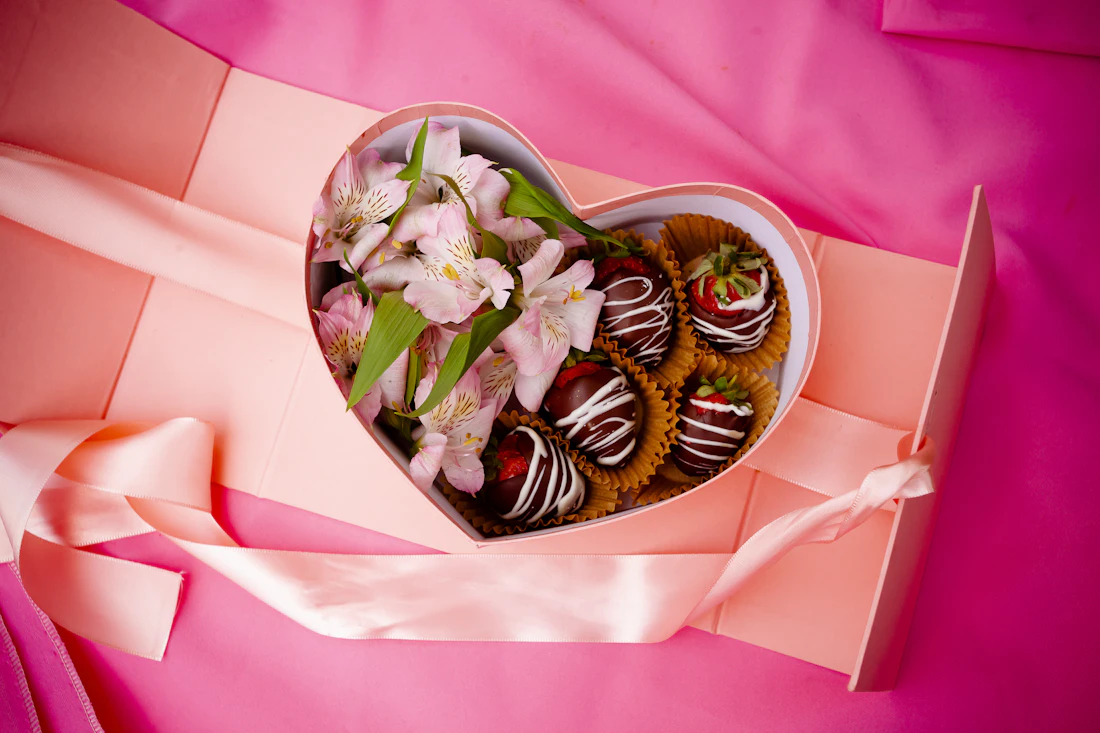 Heart-shaped box of chocolate-covered strawberries