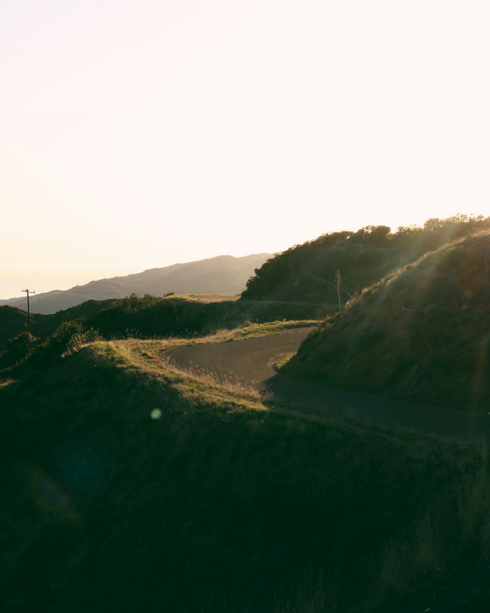 the sun shines brightly on a grassy hill