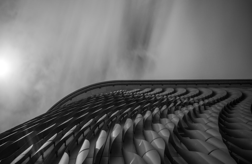 a black and white photo of the top of a building