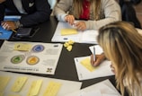 Several people are sitting around a table, engaged in what appears to be a brainstorming session or meeting. There are various papers, notebooks, and sticky notes on the table. One person is writing on a sticky note, while others seem to be discussing or considering the contents of the documents. The environment seems professional and focused.