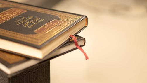 Two books with dark, intricately designed covers and golden embossed text are stacked, with a red ribbon bookmark peeking out.