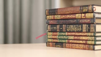 a stack of books sitting on top of a table