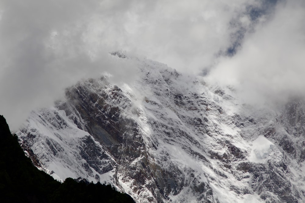 a mountain covered in snow under a cloudy sky