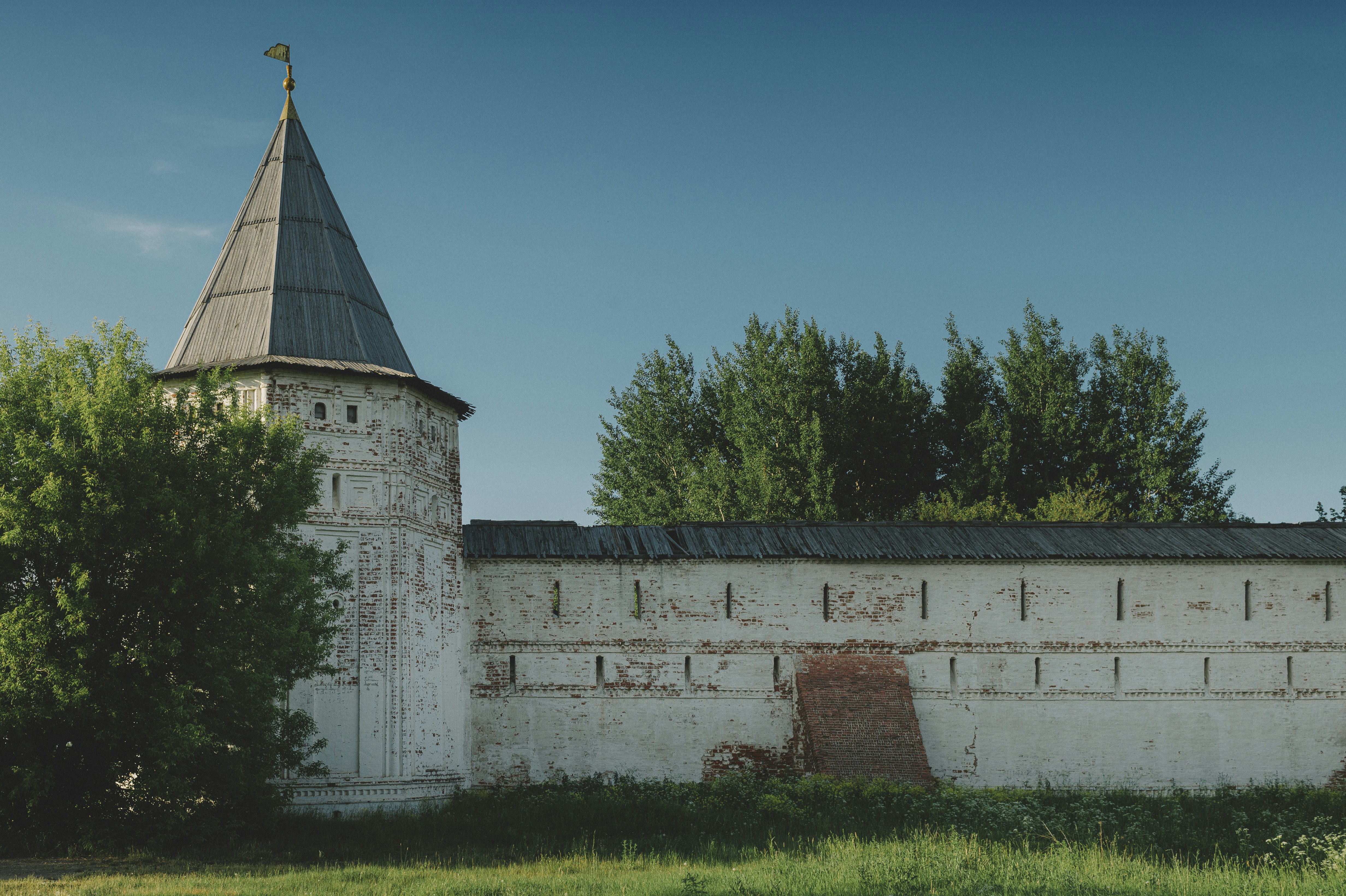 Wall and tower of the Orthodox Goritsky Monastery in Pereslavl-Zalessky.