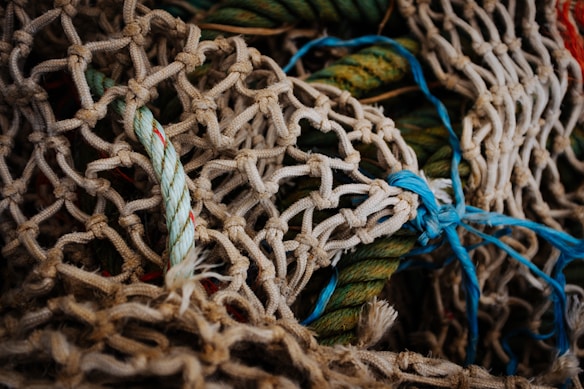 A tangled arrangement of ropes and nets in various colors, primarily beige and blue. The texture of the nets is prominent, showcasing intricately woven patterns. Some ropes are multicolored, including light green and red tints. The overall appearance is rugged and maritime.