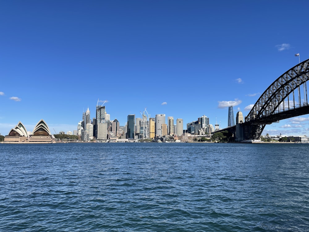 a bridge over a body of water with a city in the background