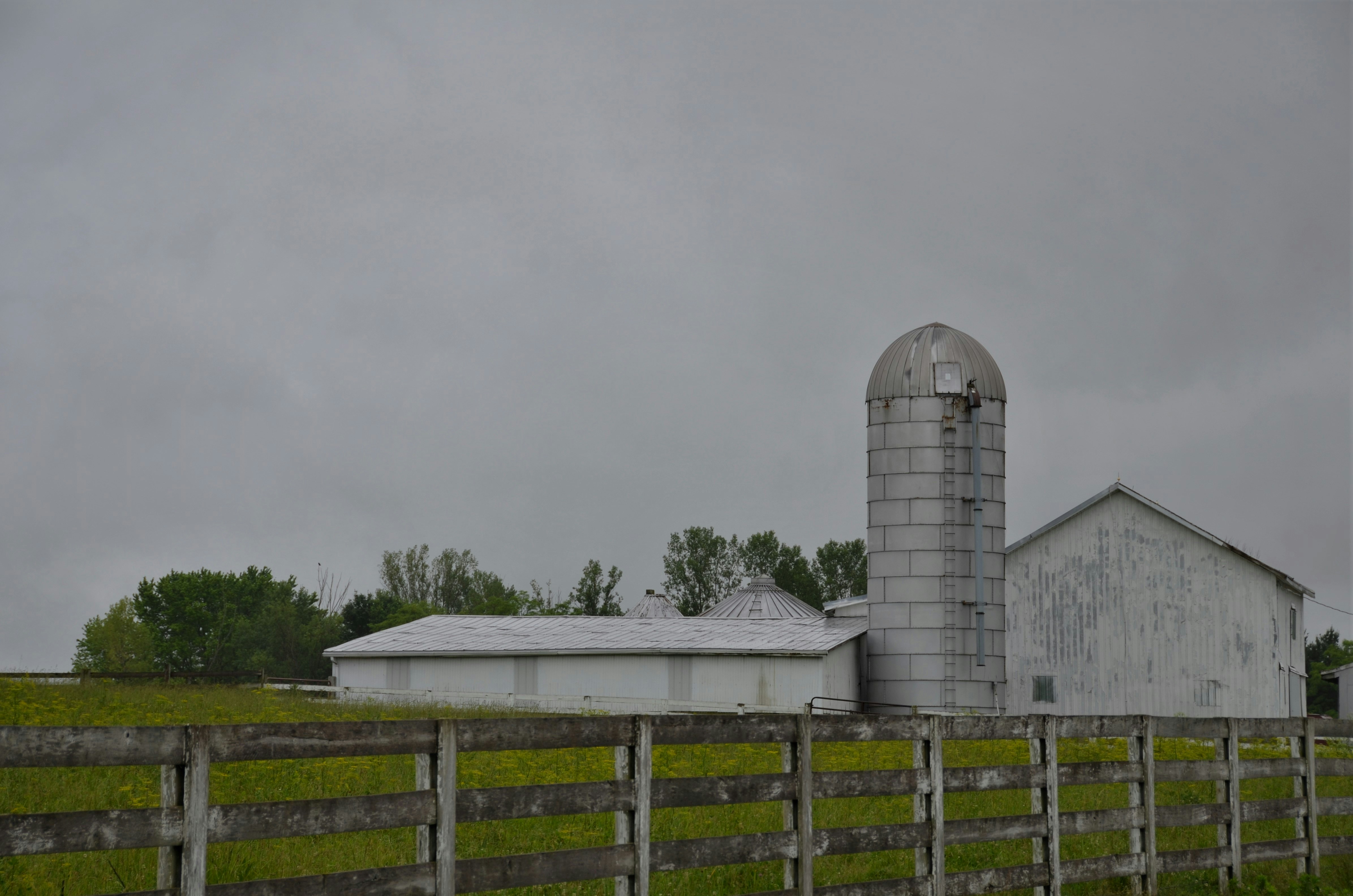 A farm with a barn and silo on a cloudy day