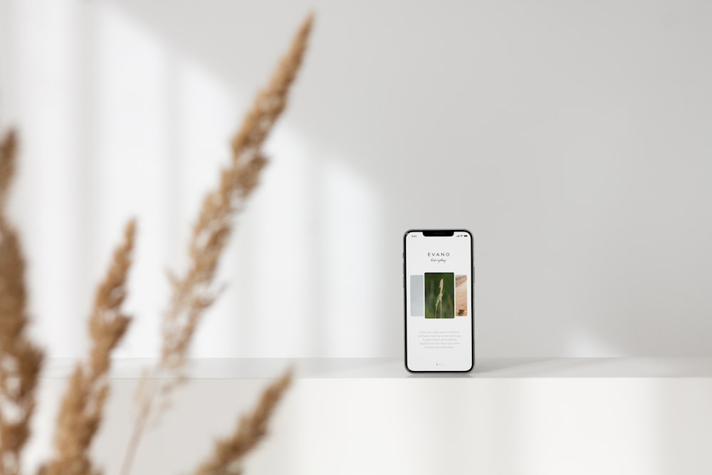 a phone sitting on top of a table next to a plant