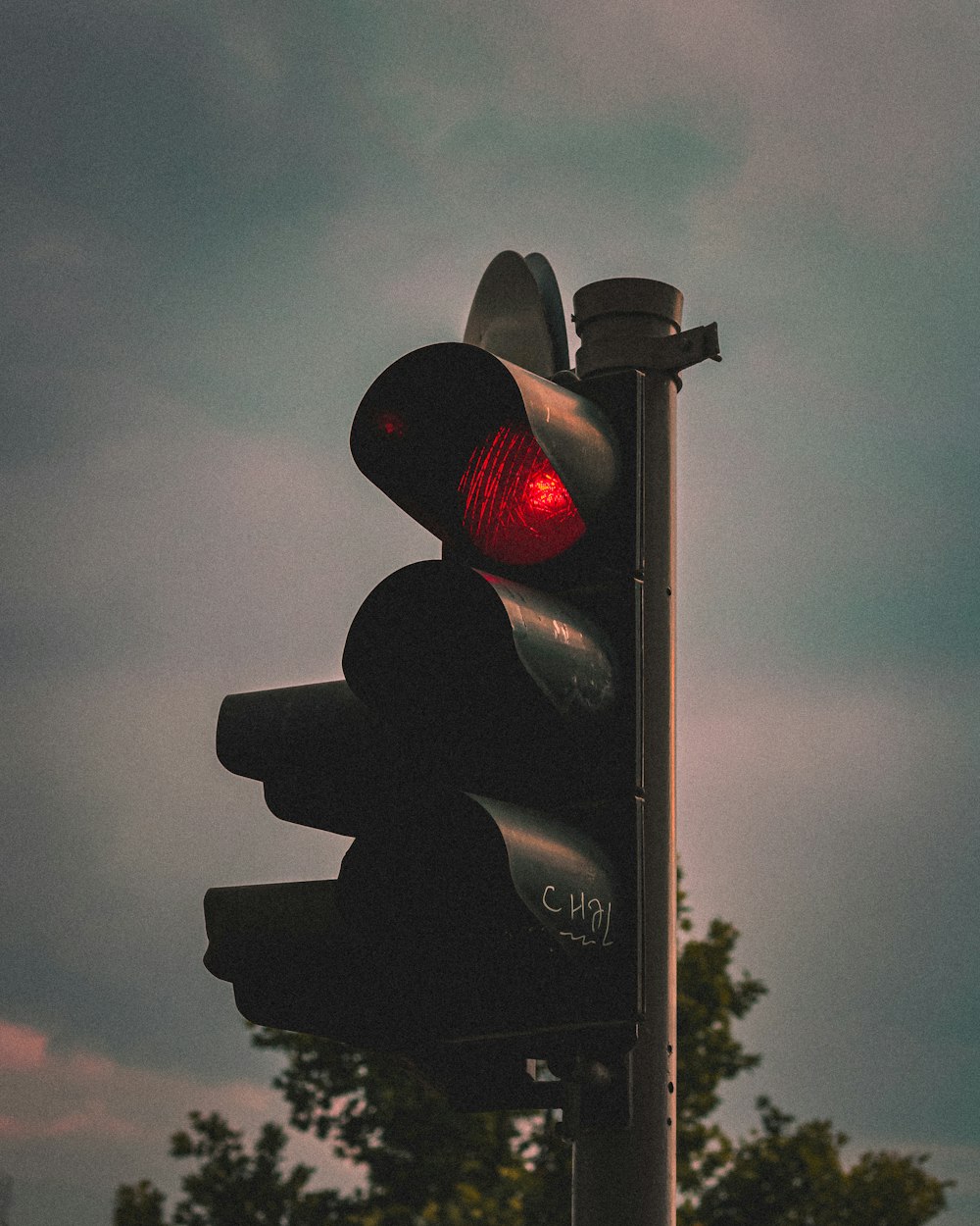 a traffic light on a pole with trees in the background