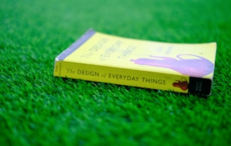 A book titled 'The Design of Everyday Things' with a yellow cover featuring a purple teapot is resting on bright green grass.