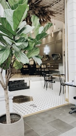 Chic café interior with lush artificial plants creating a relaxing atmosphere.