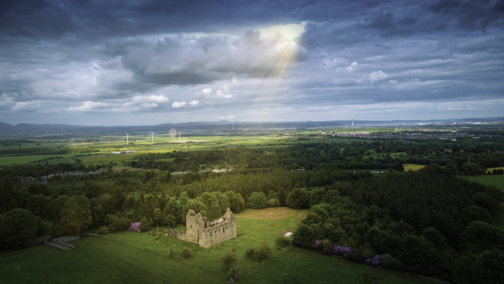 an aerial view of a castle surrounded by trees