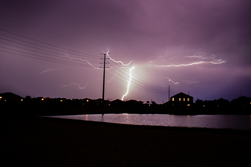 a lightning storm is seen over a body of water