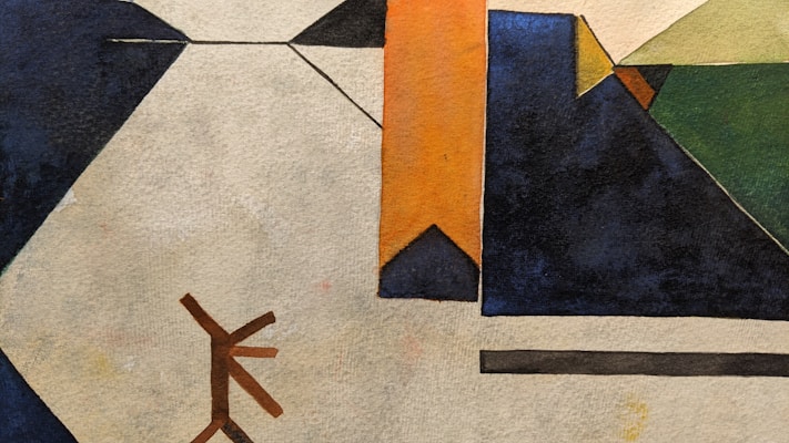 A geometric abstract artwork featuring triangular and rectangular shapes in various colors. A prominent vertical orange shape is aligned with a dark blue trapezoid and green triangle, set against a textured beige background. A small, stick-like brown figure is positioned near the bottom left.
